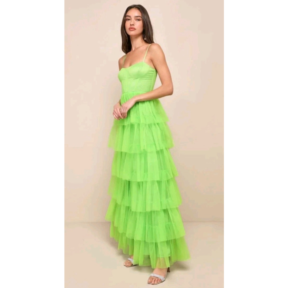 NWT $128 Lulus Rule the Runway Lime Green Tulle Tiered Maxi Dress Womens L - Picture 3 of 10